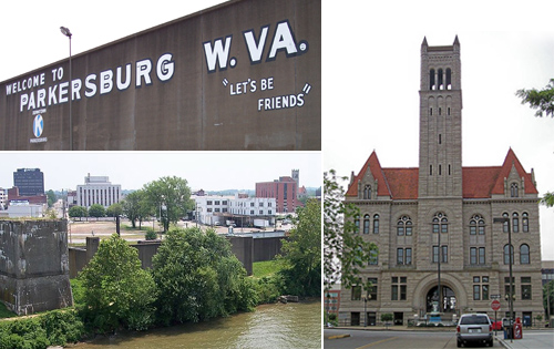 trees and Parkersburg city skyline