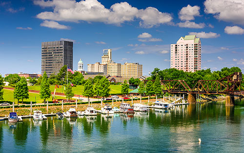 Augusta Georgia downtown skyline and trees on the Savannah River